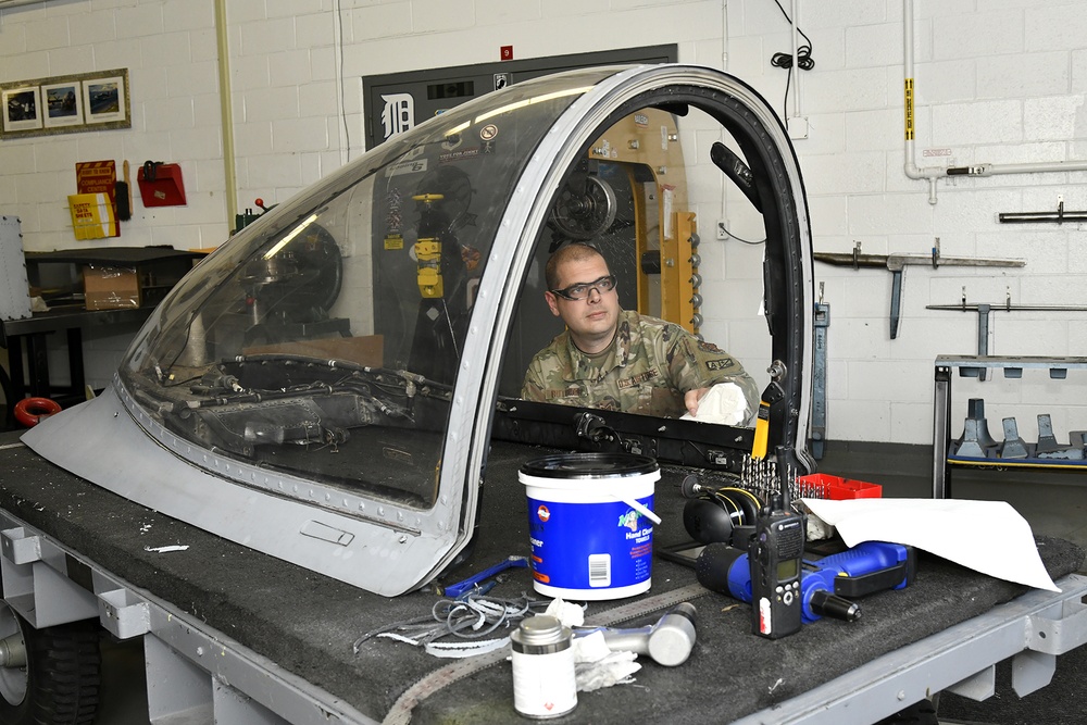 A-10 cockpit canopy maintenance being performed by ground crew at Selfridge Air National Guard Base