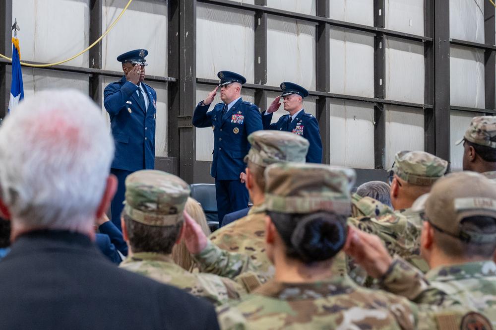 Military change of command ceremony at Supply Chain Operations Wing