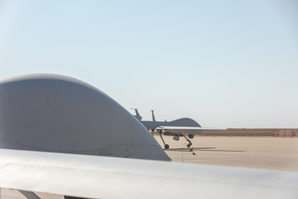 An MQ-1C Gray Eagle Unmanned Aerial System prepares for takeoff in the U.S. Central Command area of responsibility