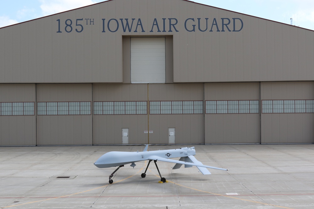 MQ-1 Predator drone sits in front of a hangar at the 185th Air Refueling Wing in Sioux City after receiving a fresh coat of paint
