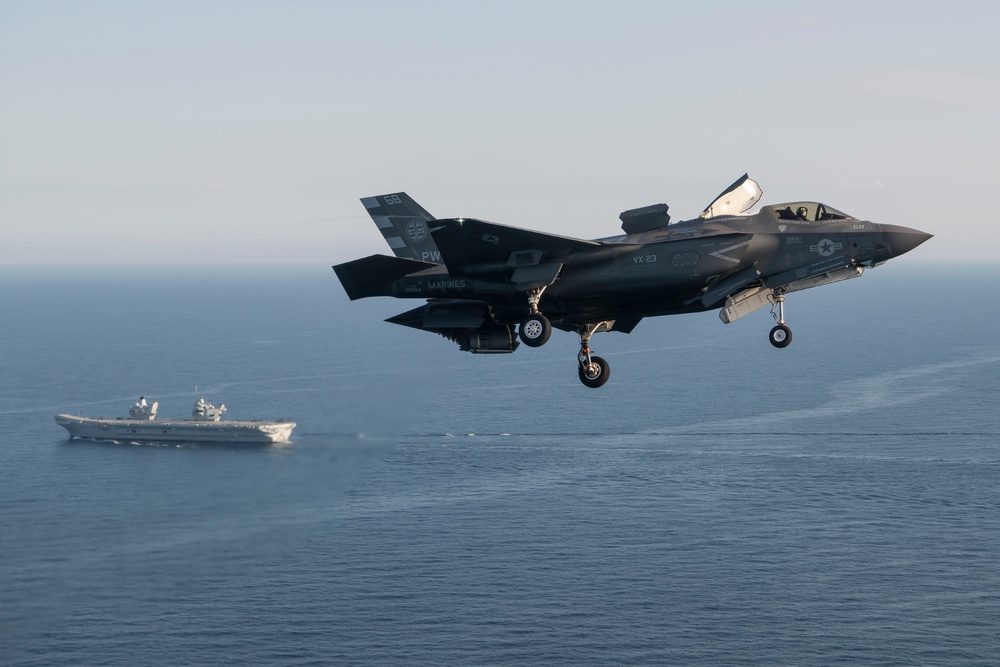 F-35B Lightning II lands aboard HMS Prince of Wales during flight trials demonstrating carrier operations capability