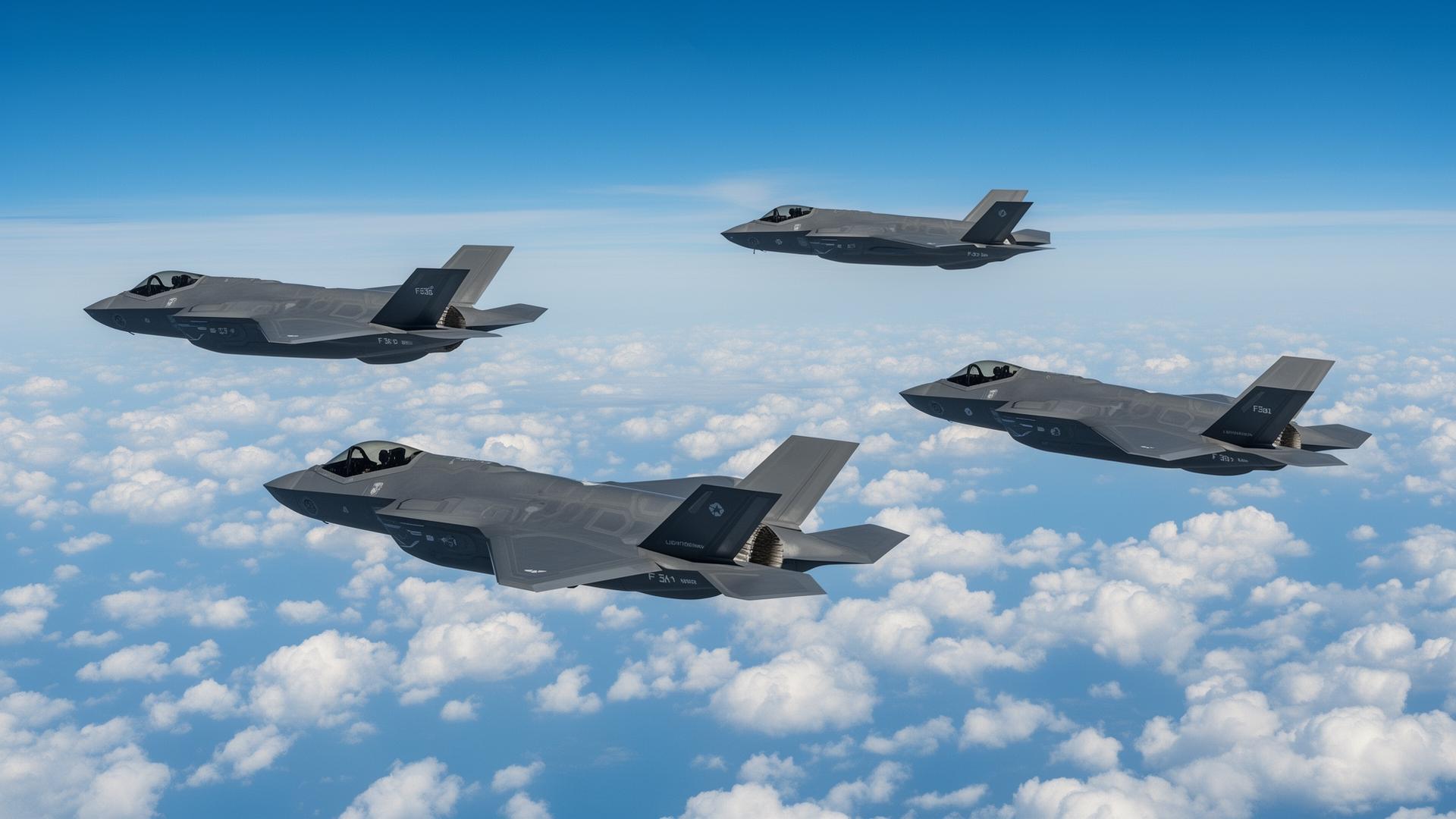 F-35 Lightning II aircraft flying in tactical formation during coordinated operations