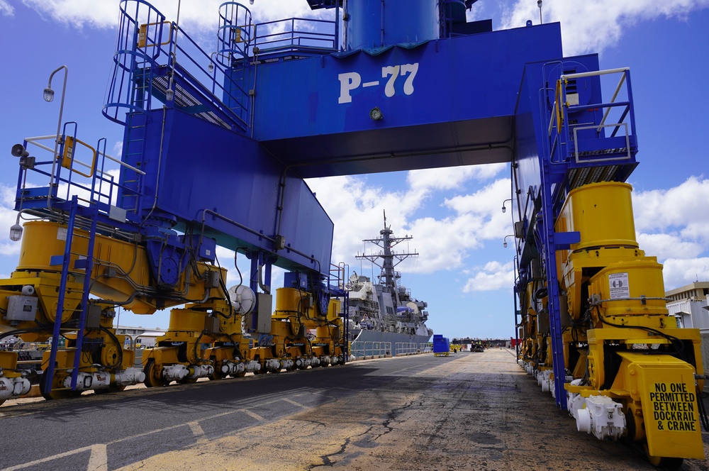 USS Hopper guided-missile destroyer in drydock at Pearl Harbor Naval Shipyard