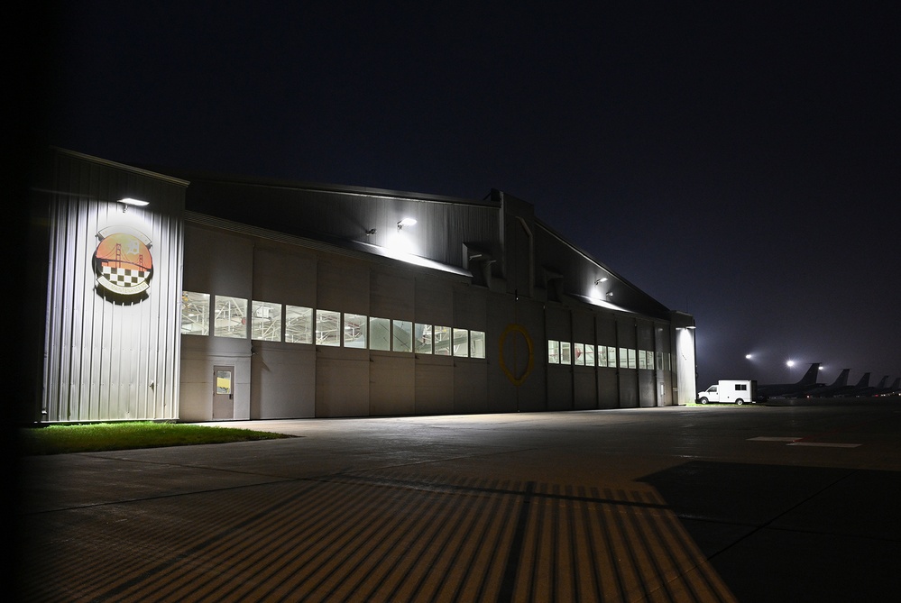 KC-135 Stratotanker aircraft in maintenance hangar at Selfridge Air National Guard Base