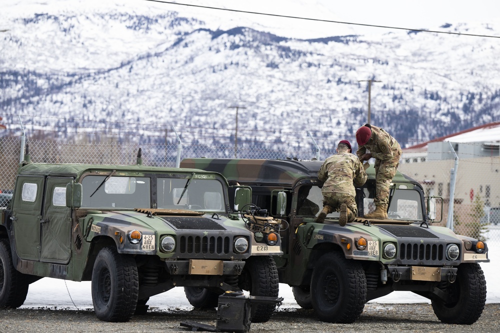 Soldiers prepare a vehicle for turn-in at the Modernization, Displacement, and Repair Site at Joint Base Elmendorf-Richardson