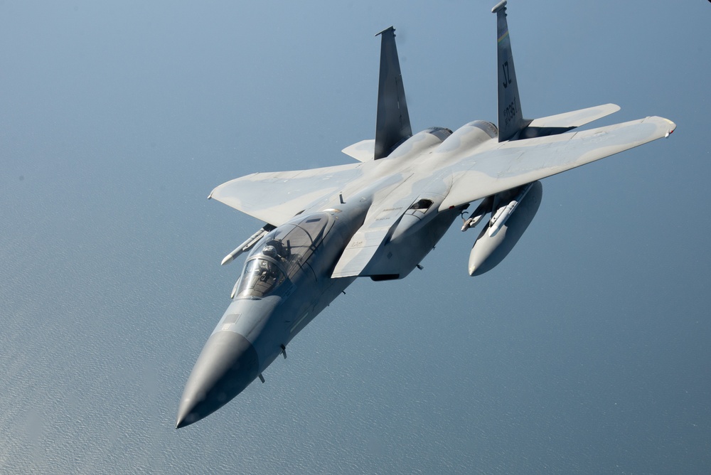 F-15E Strike Eagle flying over the Mississippi coast during Southern Strike exercise