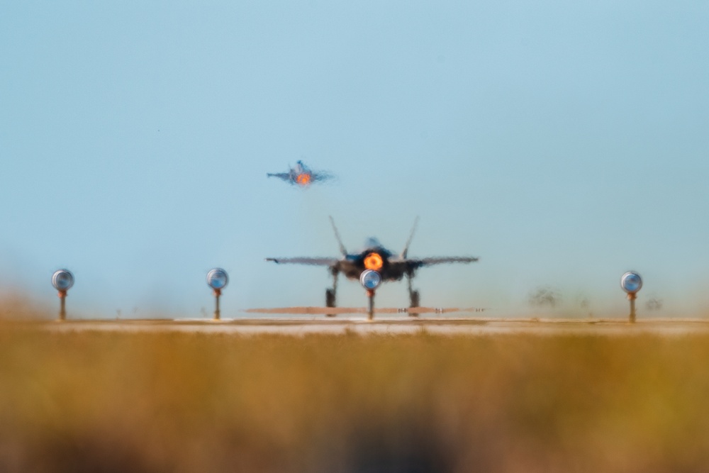 F-35A Lightning II aircraft departing MacDill Air Force Base with afterburner engaged