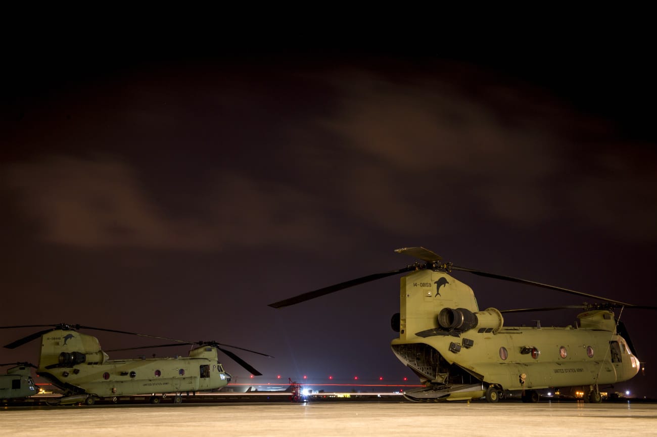 US Military Aircraft at Night Images - CH-47 Chinook preparing for deployment