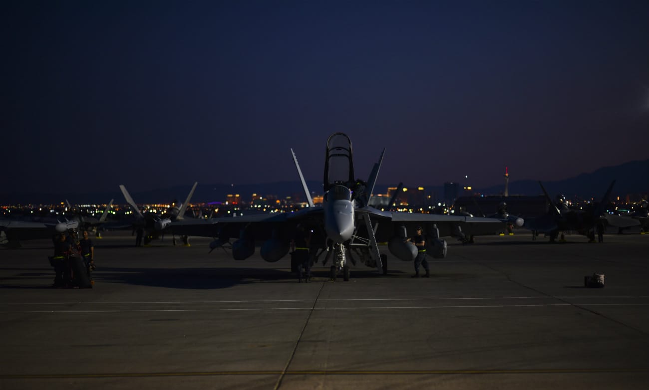 US Military Aircraft at Night Images - EA-18G Growler on the flight line