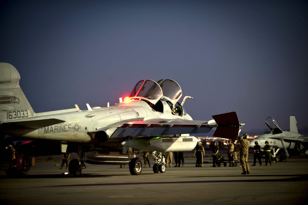 US Military Aircraft at Night Images - EA-6B Prowler pre-flight inspection