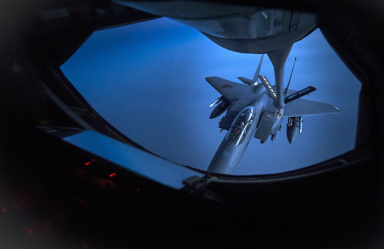 US Military Aircraft at Night Images - F-15E Strike Eagle aerial refueling