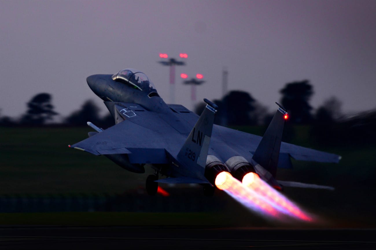US Military Aircraft at Night Images - F-15E Strike Eagle taking off