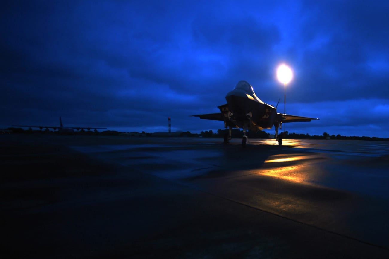 US Military Aircraft at Night Images - F-35A Lightning II on the flight line