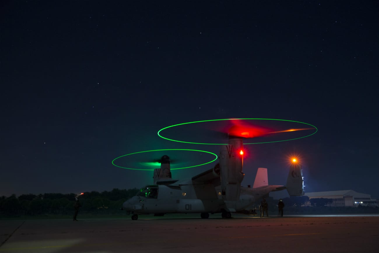 US Military Aircraft at Night Images - MV-22B Osprey preparing to take off