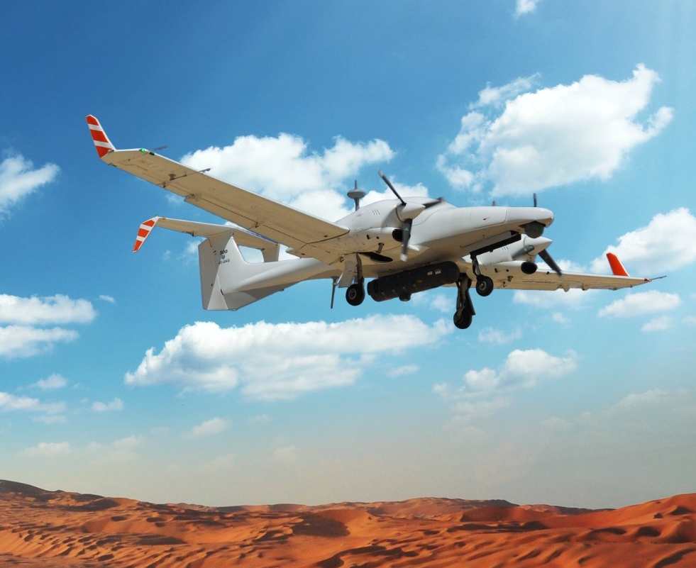 Aeronautics Defense Dominator XP flies over an Israeli desert. The MALE UAV is manufactured by Aeronautics Defense Systems 