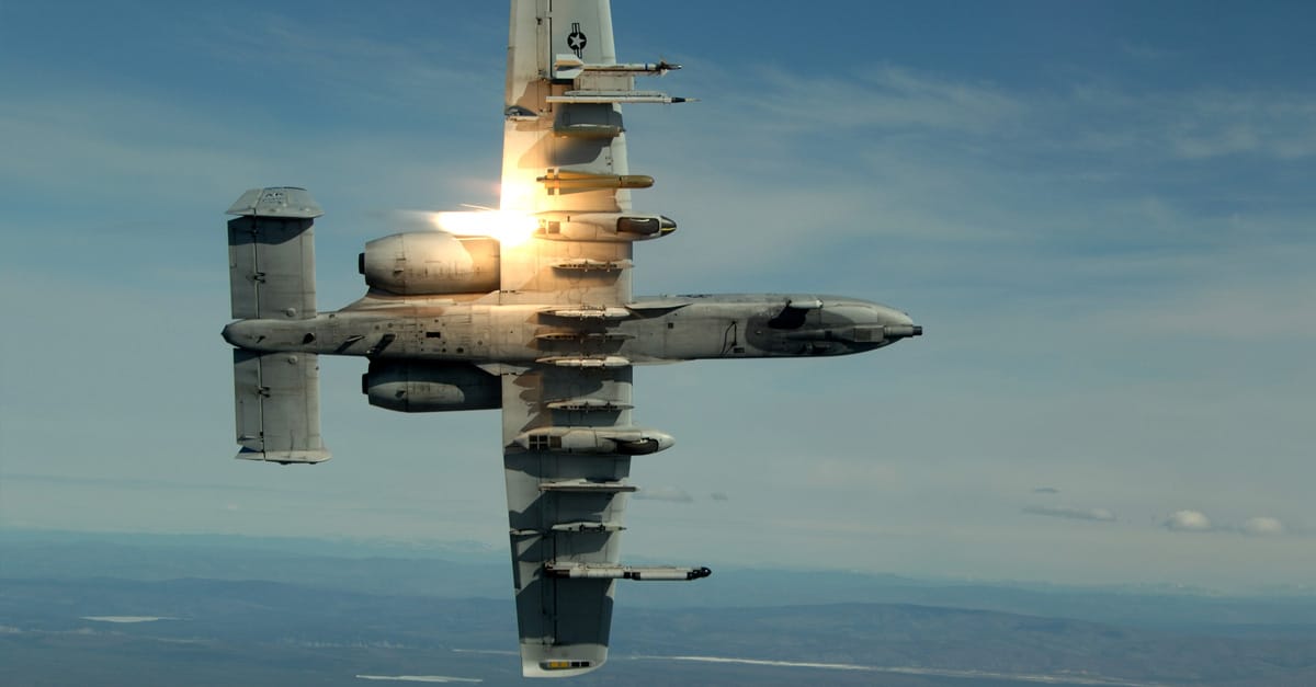 A-10 Warthog firing its GAU-8 Avenger cannon